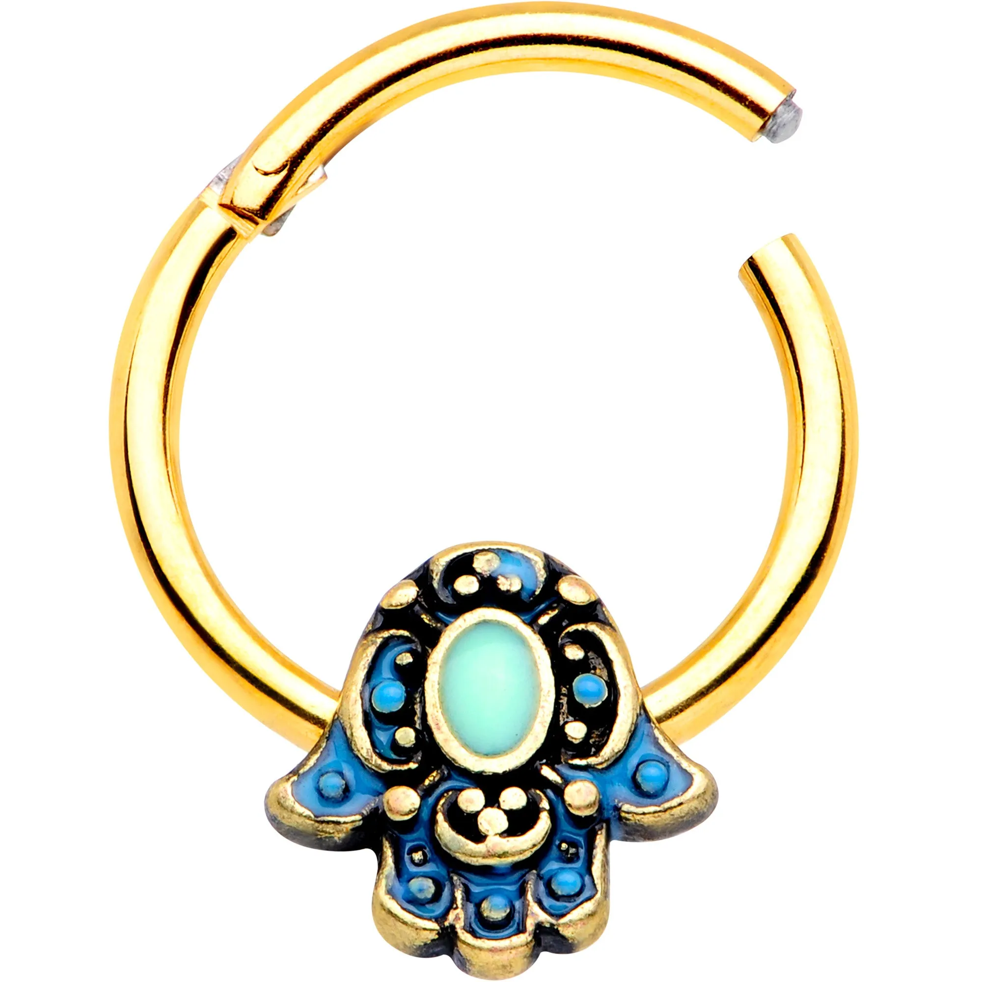 16 Gauge 3/8 Gold Tone Aqua Ornate Hamsa Hand Septum Ring