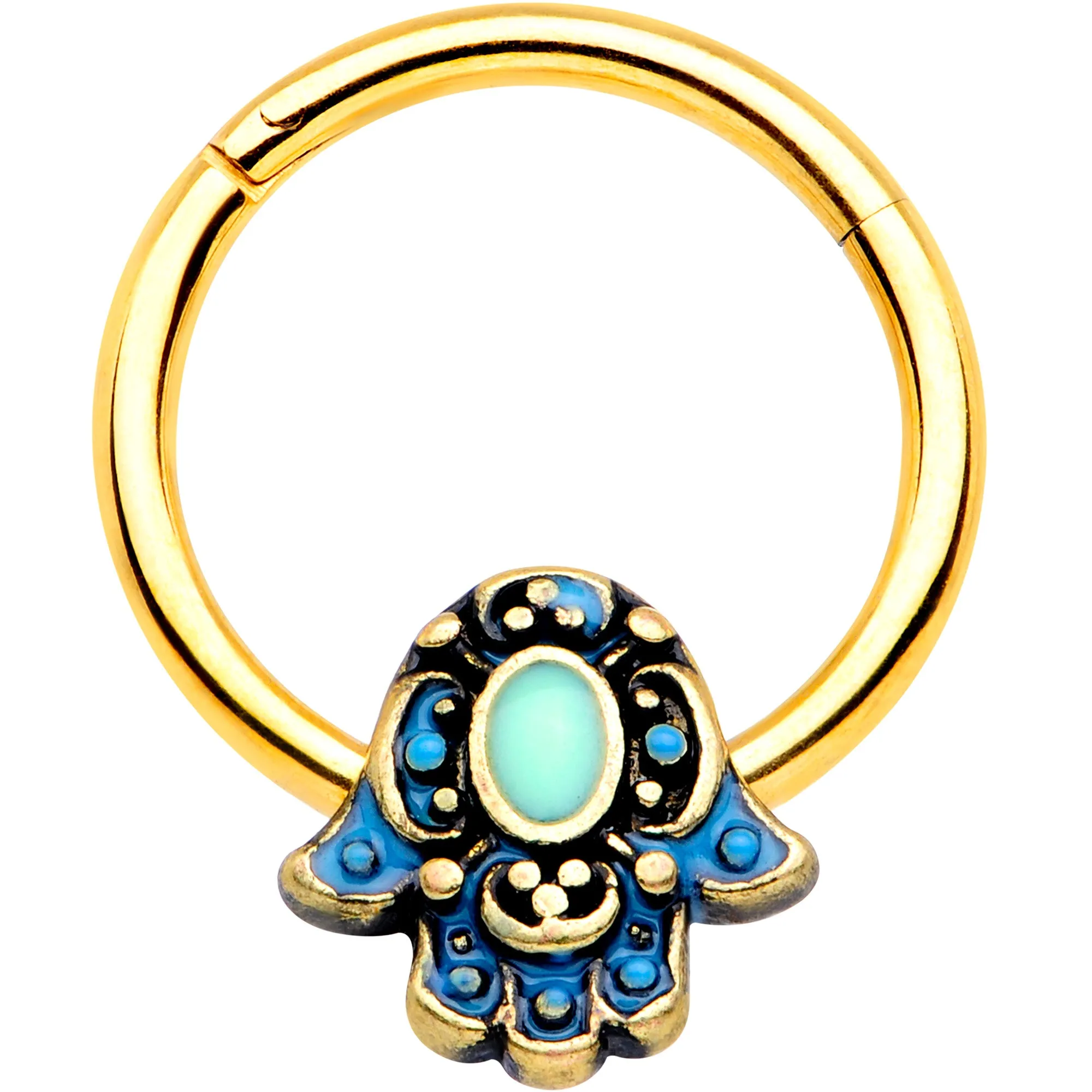 16 Gauge 3/8 Gold Tone Aqua Ornate Hamsa Hand Septum Ring