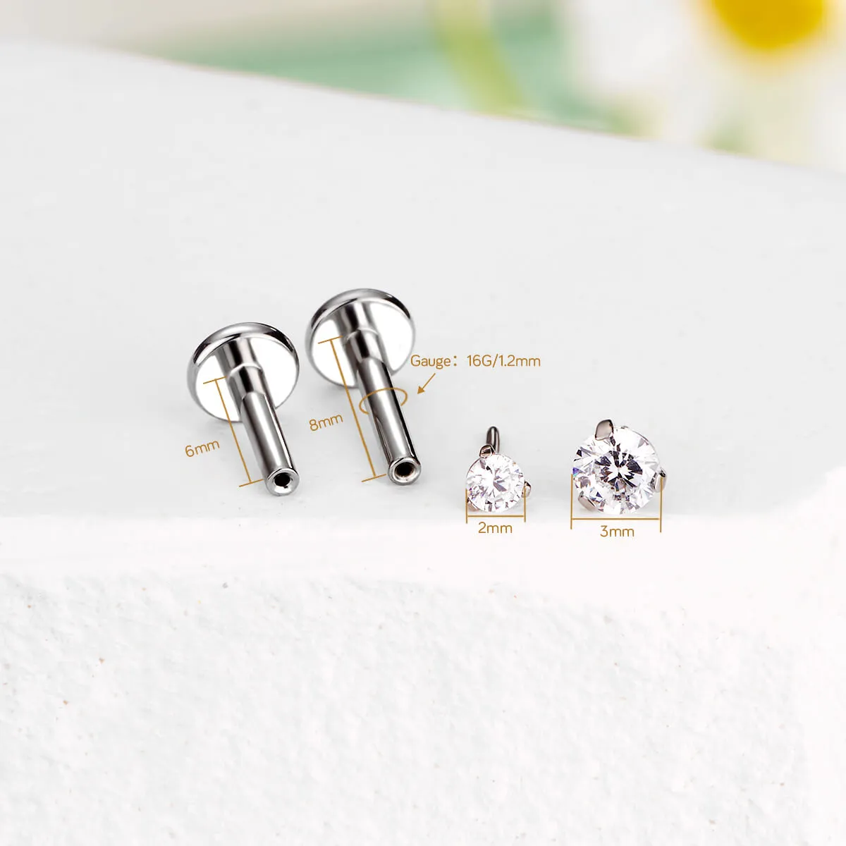 16G Titanium Prong CZ Threadless/Push Pin Flat Back Labret Mantis Piercing Stud