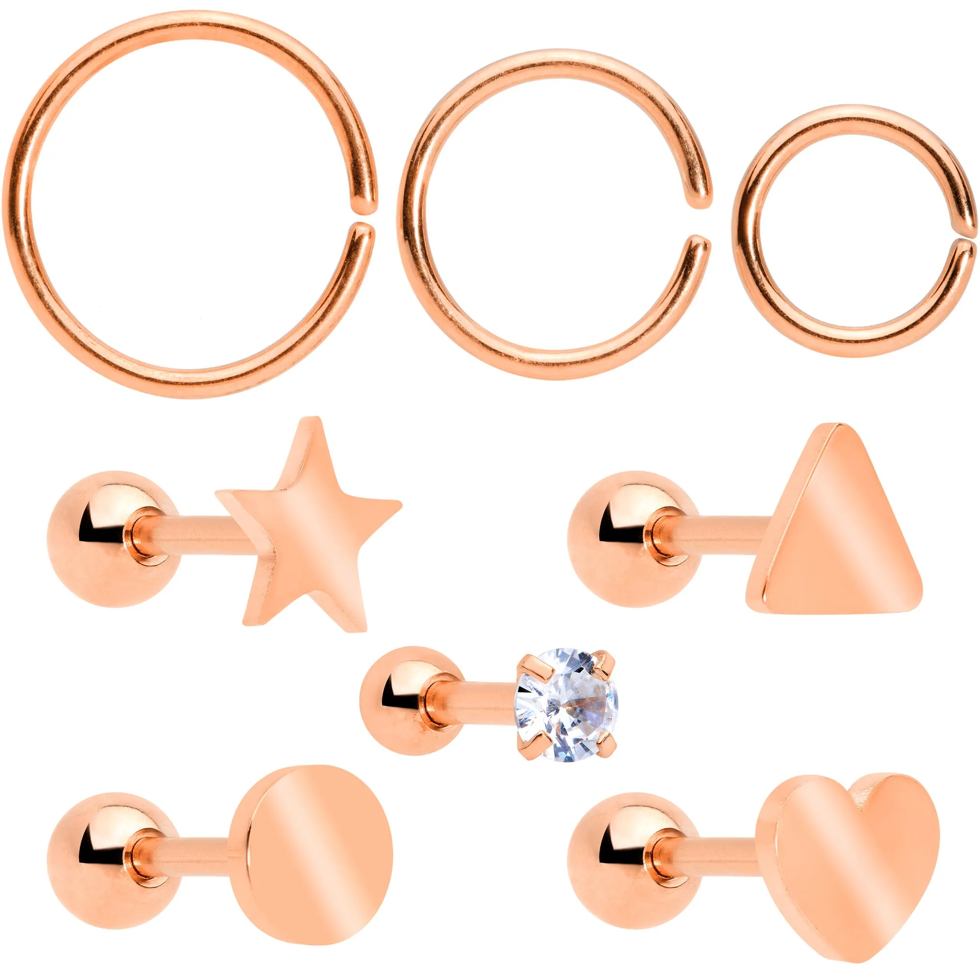 18 Gauge Clear CZ Gem Rose Gold Tone Heart Cartilage Tragus Set of 8
