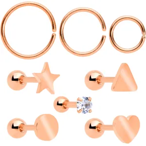 18 Gauge Clear CZ Gem Rose Gold Tone Heart Cartilage Tragus Set of 8