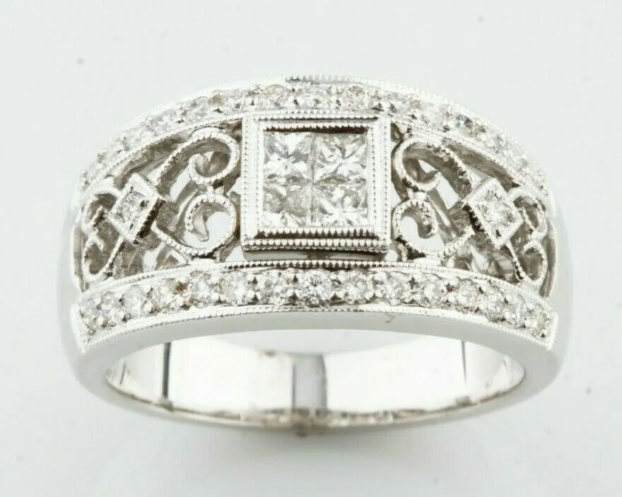 18k White Gold Ornate Diamond Band Ring w/ Filigree Detail Size 6.75 1.25 TCW