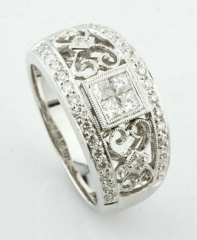 18k White Gold Ornate Diamond Band Ring w/ Filigree Detail Size 6.75 1.25 TCW