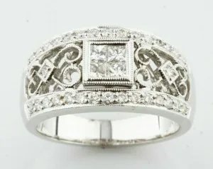 18k White Gold Ornate Diamond Band Ring w/ Filigree Detail Size 6.75 1.25 TCW