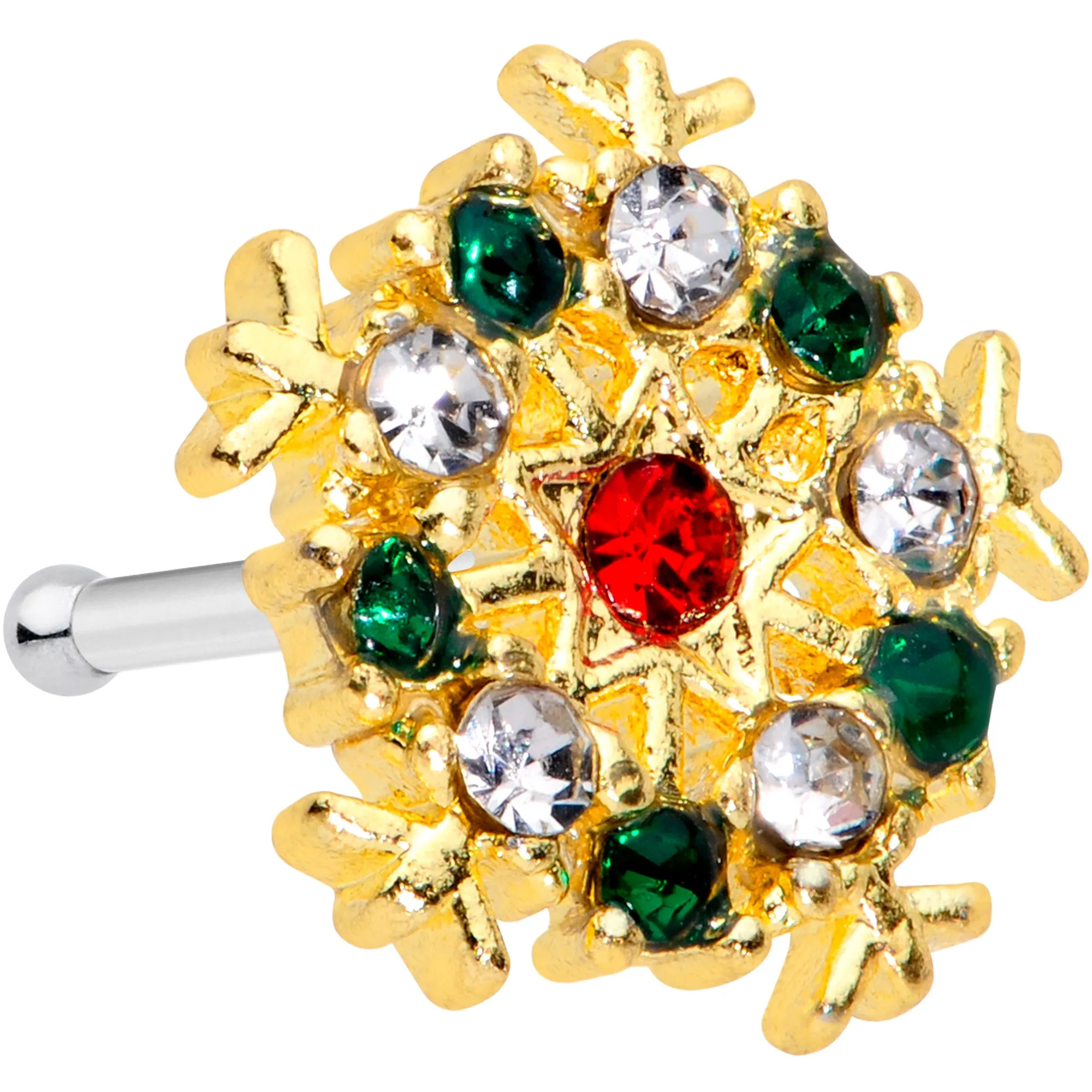 20 Gauge 7mm Red Green Gem Gold Tone Snowflake Christmas Nose Bone