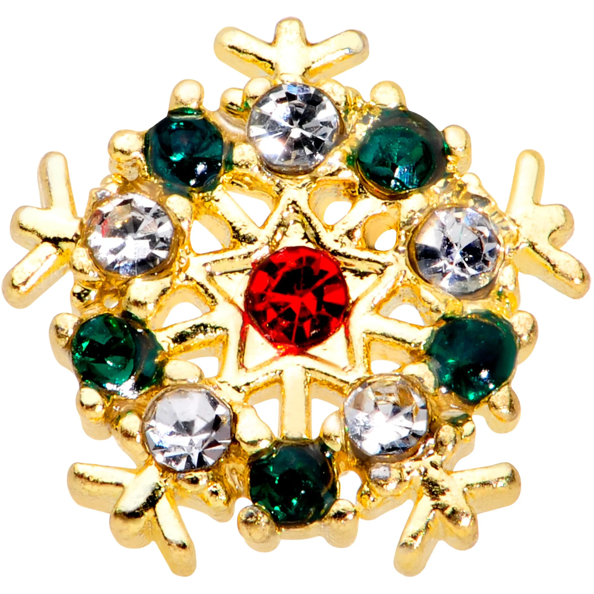 20 Gauge 7mm Red Green Gem Gold Tone Snowflake Christmas Nose Bone