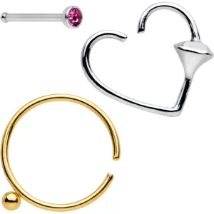 20 Gauge Queen of Hearts Nose Bone Heart Closure Ring Pack Set of 3
