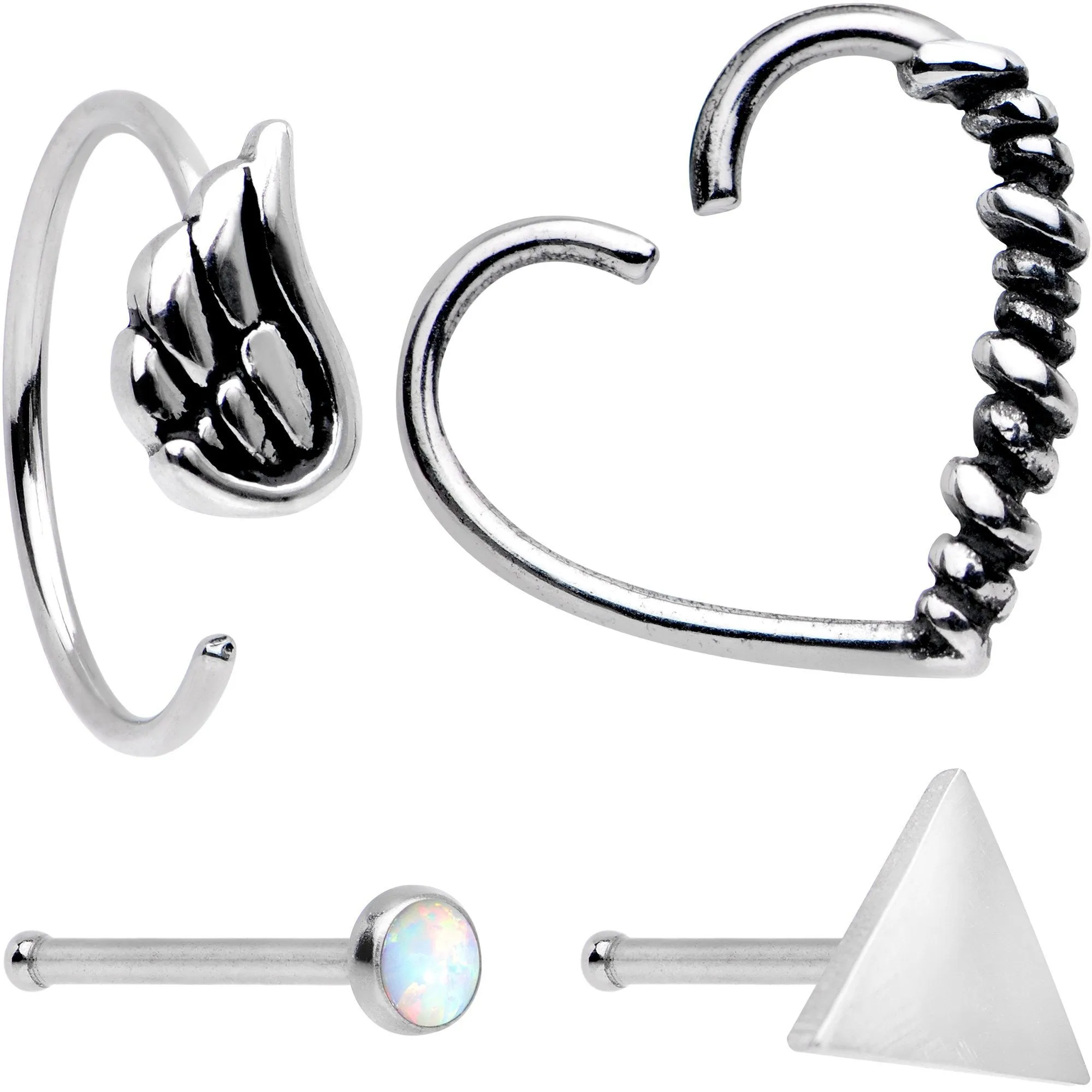 20 Gauge Wings Heart Nose Bone Heart Closure Ring Pack Set of 4