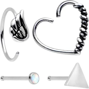 20 Gauge Wings Heart Nose Bone Heart Closure Ring Pack Set of 4