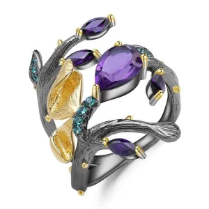2.37Ct Natural Amethyst Handmade Butterfly on Branch Rings