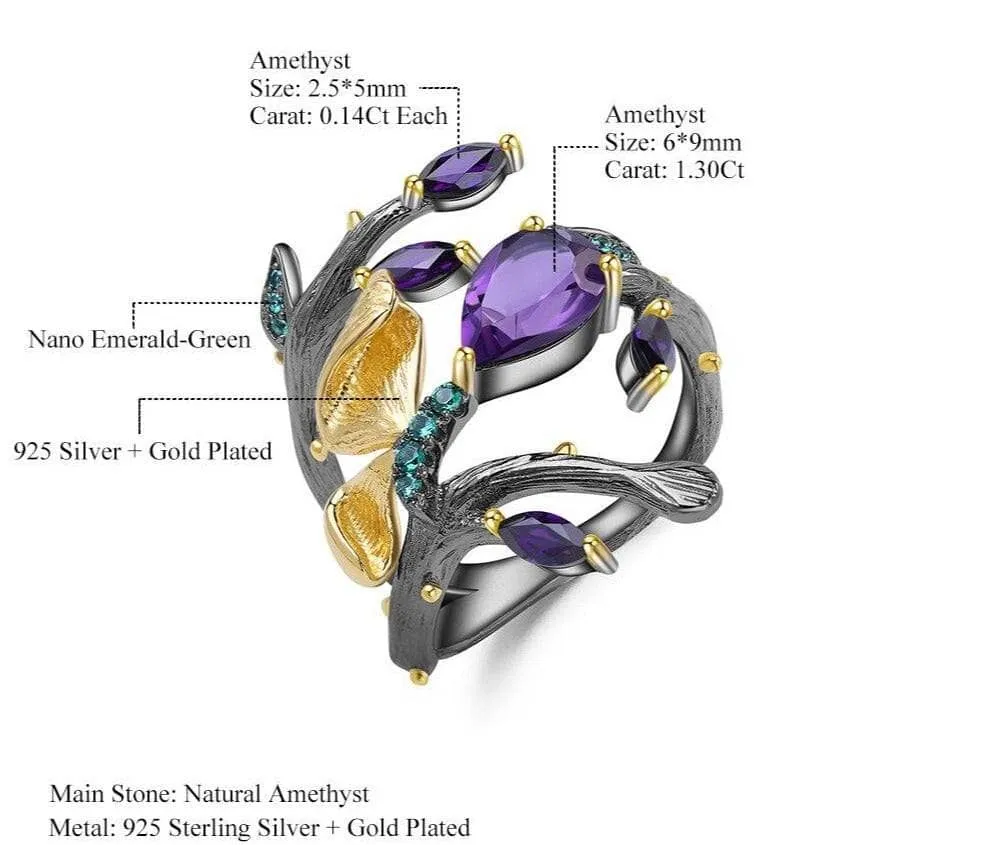 2.37Ct Natural Amethyst Handmade Butterfly on Branch Rings