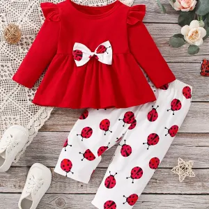 2pcs Baby Girls Flying Sleeve Top and Cartoon Ladybug Print Pant Set