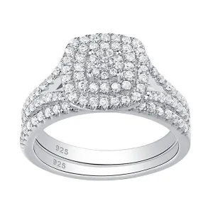 2Pcs Round Diamond Halo Engagement Ring Set
