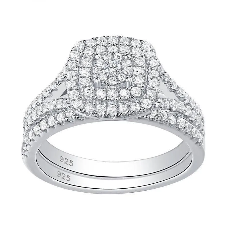 2Pcs Round Diamond Halo Engagement Ring Set