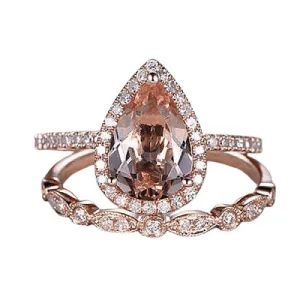 3.0ct Halo Pear Cut Synthetic Morganite Wedding Ring Set