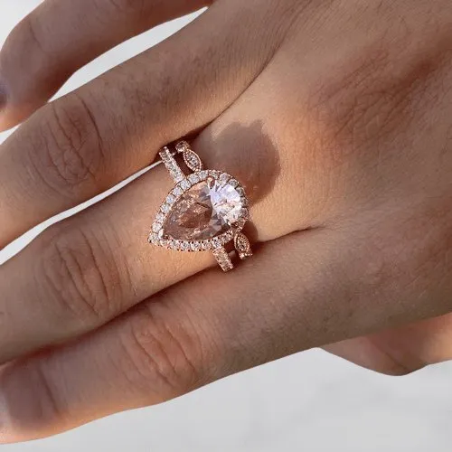 3.0ct Halo Pear Cut Synthetic Morganite Wedding Ring Set