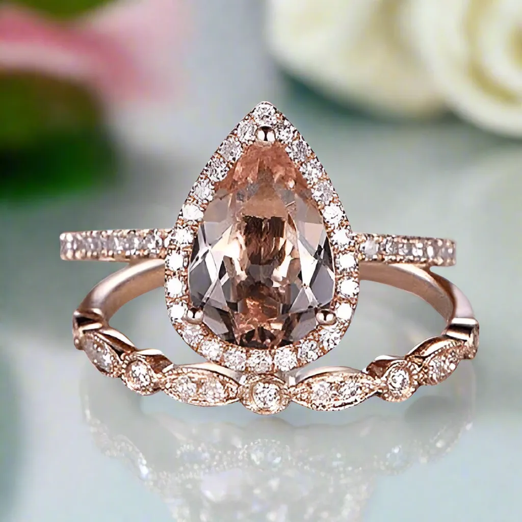 3.0ct Halo Pear Cut Synthetic Morganite Wedding Ring Set