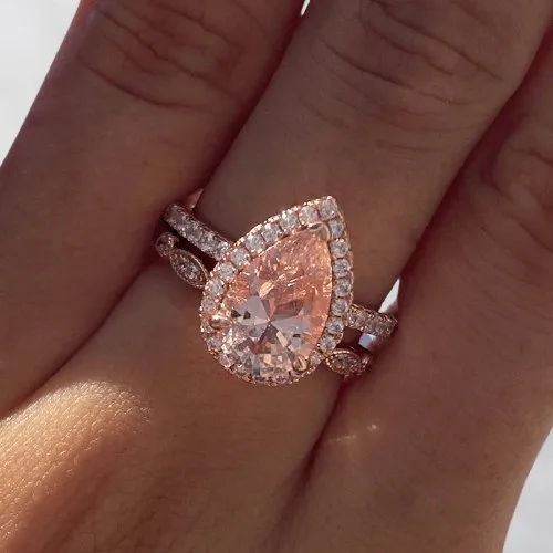 3.0ct Halo Pear Cut Synthetic Morganite Wedding Ring Set
