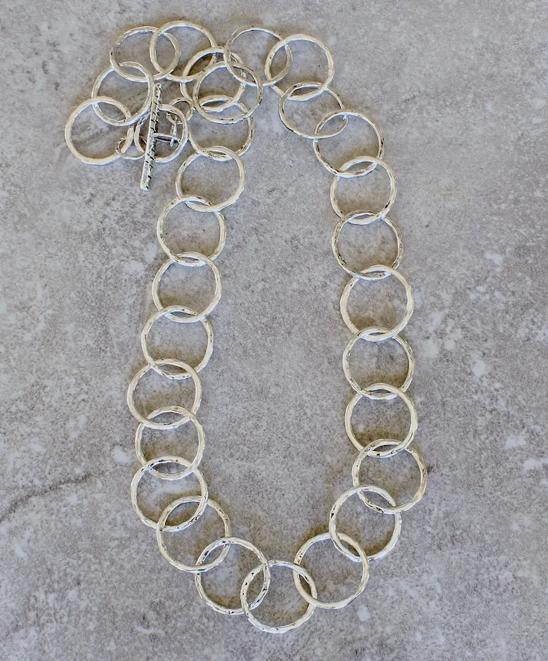 31-Piece Hammered Sterling Silver Ring Necklace with a Sterling Silver Toggle Clasp