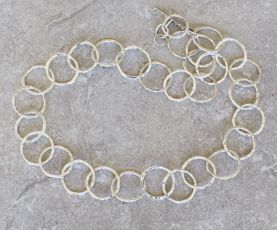 31-Piece Hammered Sterling Silver Ring Necklace with a Sterling Silver Toggle Clasp