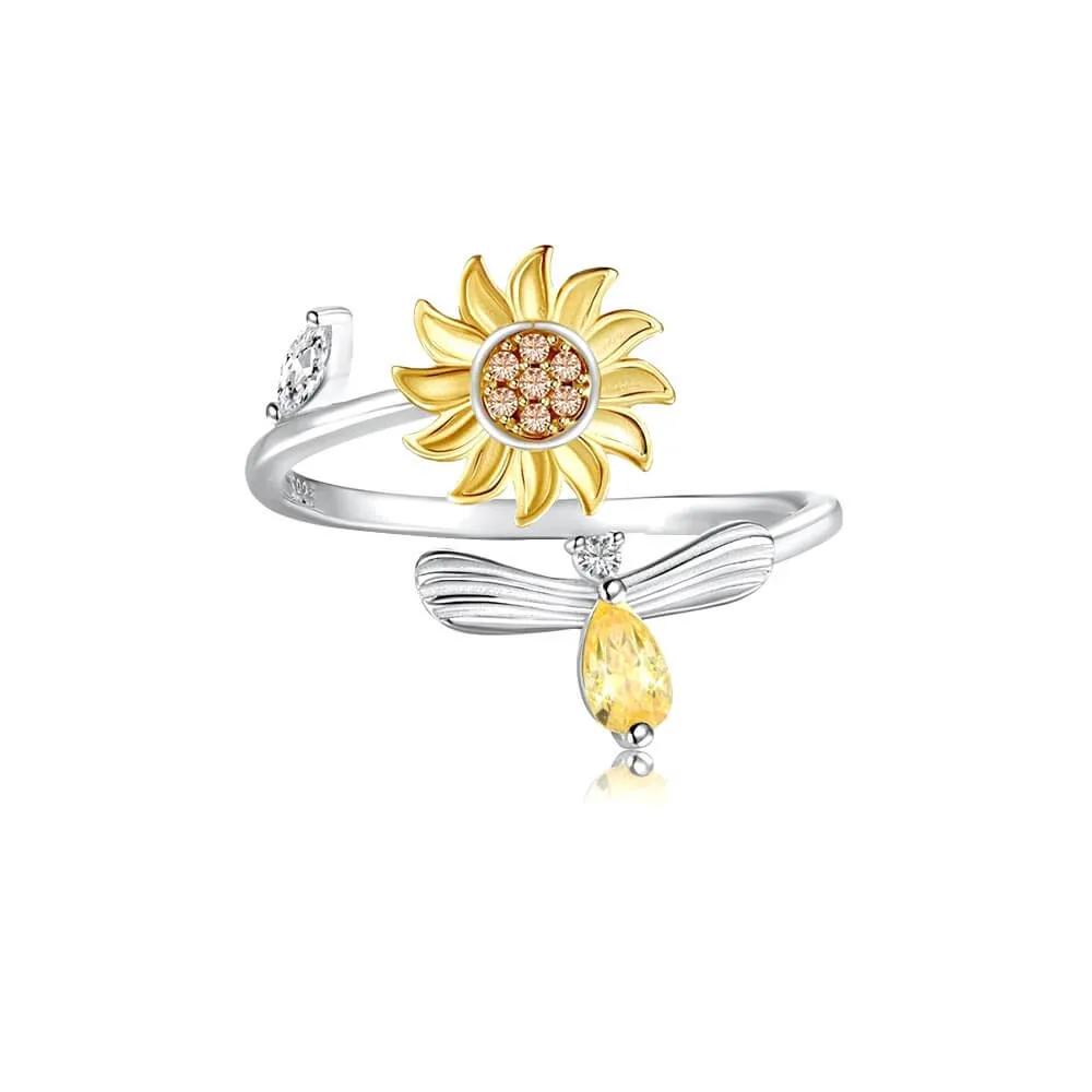 925 Silver Sunflower Bee CZ Diamond Toi et Moi Ring