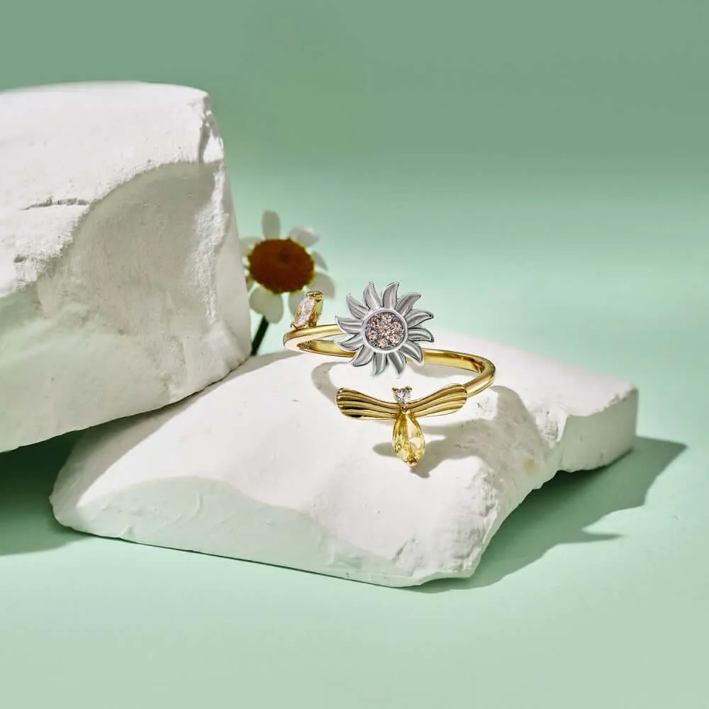 925 Silver Sunflower Bee CZ Diamond Toi et Moi Ring