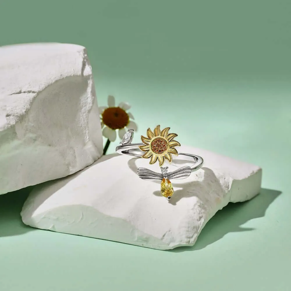 925 Silver Sunflower Bee CZ Diamond Toi et Moi Ring