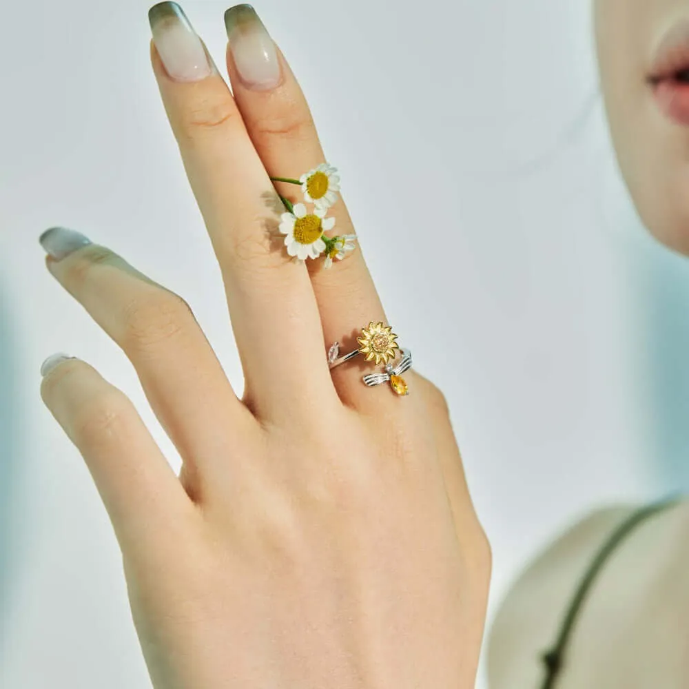 925 Silver Sunflower Bee CZ Diamond Toi et Moi Ring