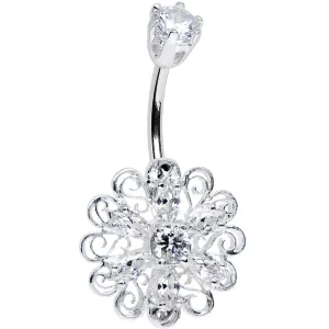 925 Sterling Silver Clear CZ Kaleidoscope Flower Belly Ring