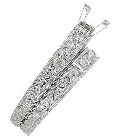 Art Deco Antique Scrolls 1.25 Carat Princess Cut Diamond Engagement Ring Setting and Wedding Ring in White Gold