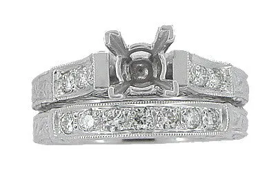 Art Deco Antique Scrolls 1.25 Carat Princess Cut Diamond Engagement Ring Setting and Wedding Ring in White Gold