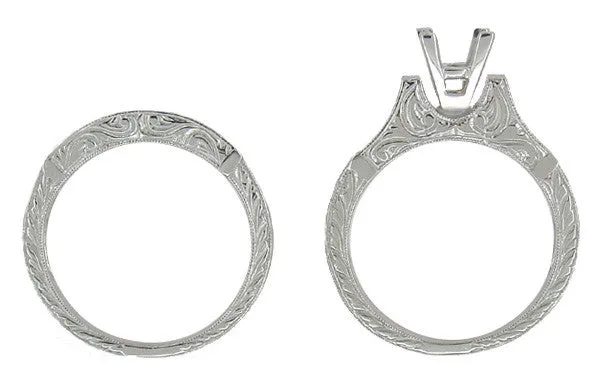 Art Deco Antique Scrolls 1.25 Carat Princess Cut Diamond Engagement Ring Setting and Wedding Ring in White Gold
