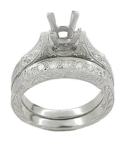 Art Deco Antique Scrolls 1.25 Carat Princess Cut Diamond Engagement Ring Setting and Wedding Ring in White Gold