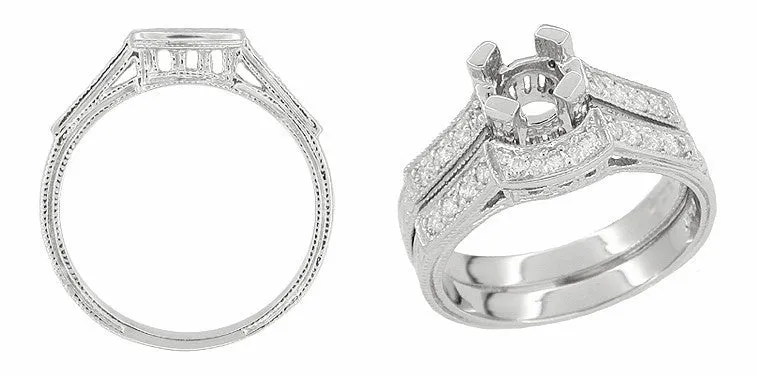 Art Deco Diamonds Curved Filigree Scrolls Engraved Wedding Ring in 18 Karat White Gold