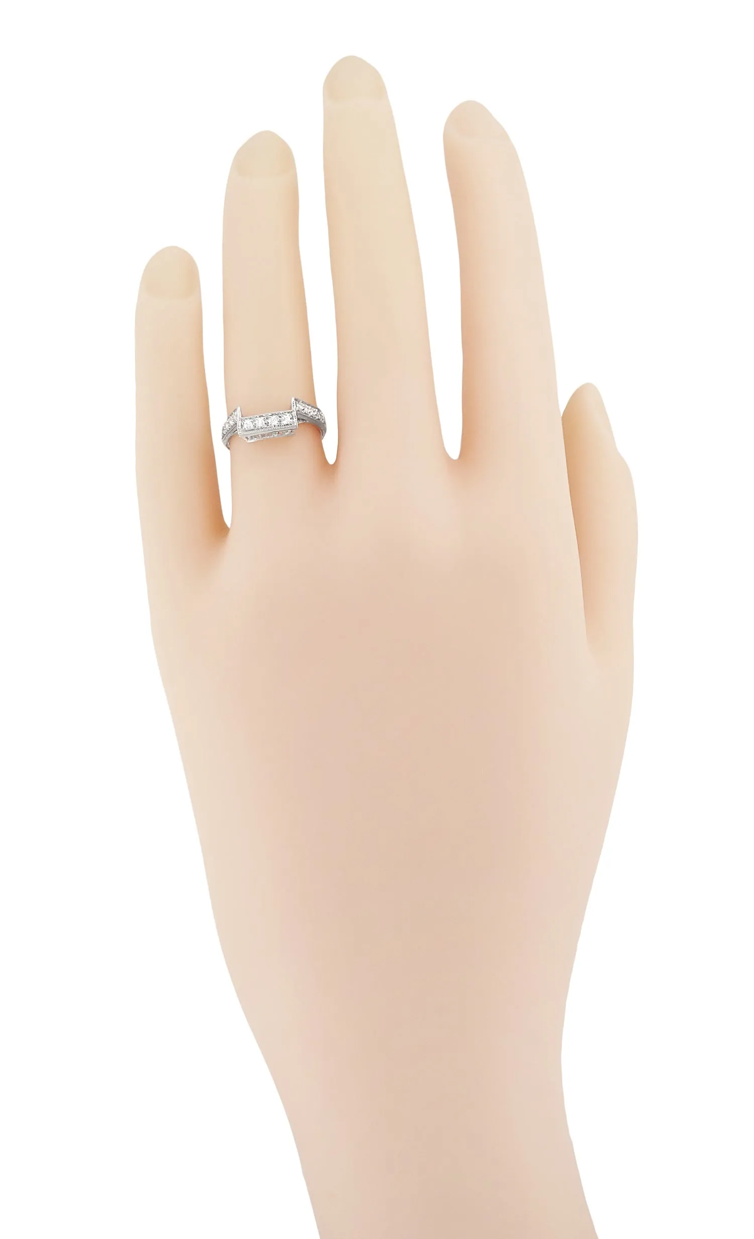Art Deco Filigree Castle Diamond Notched Wedding Ring in 18 Karat White Gold
