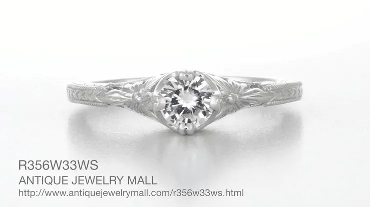Art Deco Filigree Flowers and Wheat Engraved 0.40 Carat Solitaire White Sapphire Engagement Ring in 18 Karat White Gold