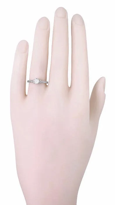 Art Deco Filigree Flowers and Wheat Engraved 0.40 Carat Solitaire White Sapphire Engagement Ring in 18 Karat White Gold