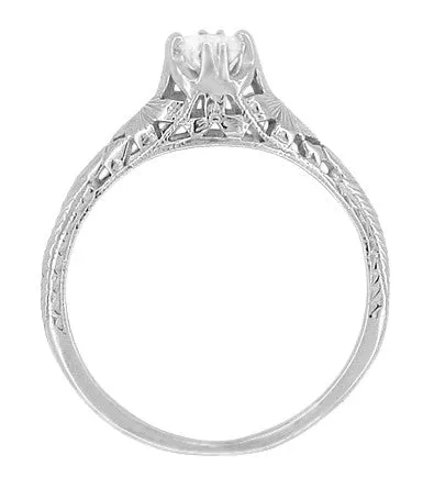 Art Deco Filigree Flowers and Wheat Engraved 0.40 Carat Solitaire White Sapphire Engagement Ring in 18 Karat White Gold