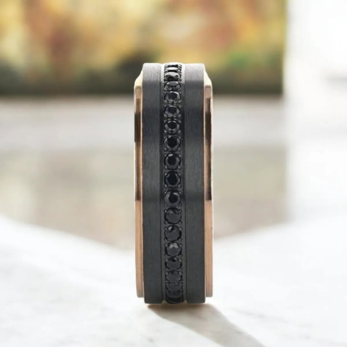 ASTRO | Black Titanium Ring, Sapphire Stones, Rose Gold Stepped Edges