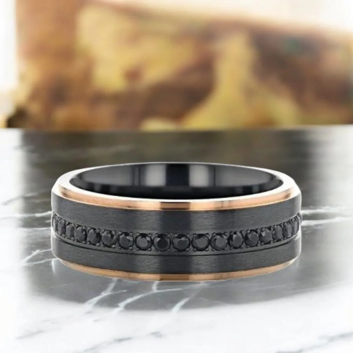 ASTRO | Black Titanium Ring, Sapphire Stones, Rose Gold Stepped Edges