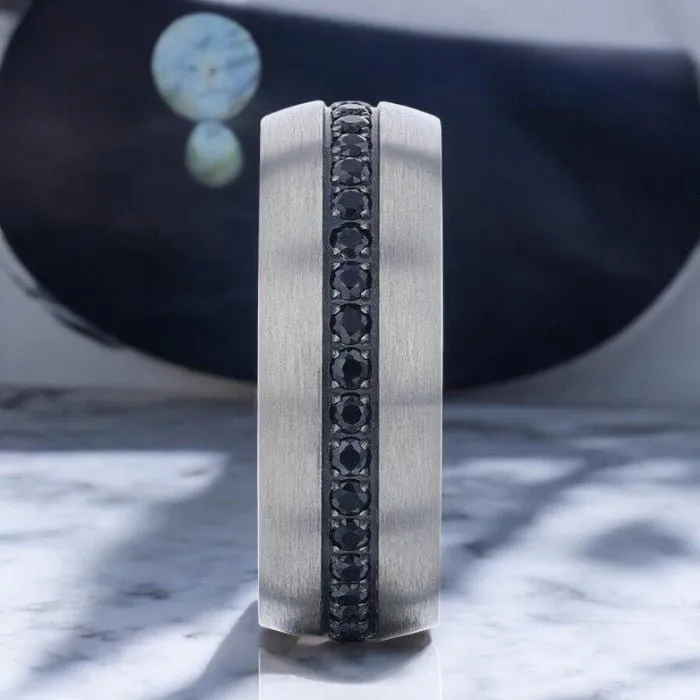 AVIATOR | Silver Titanium Ring, Black Sapphire Stones Inlay, Domed
