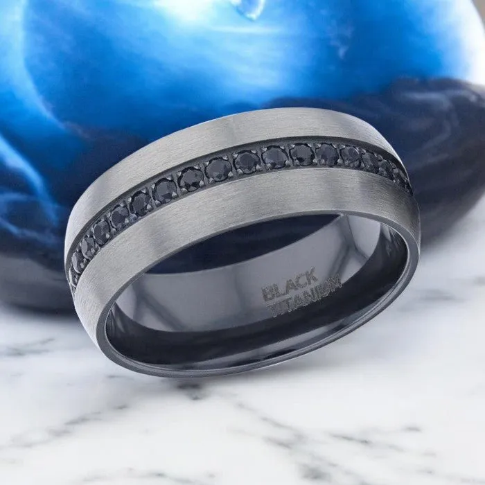 AVIATOR | Silver Titanium Ring, Black Sapphire Stones Inlay, Domed