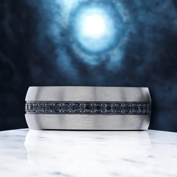 AVIATOR | Silver Titanium Ring, Black Sapphire Stones Inlay, Domed