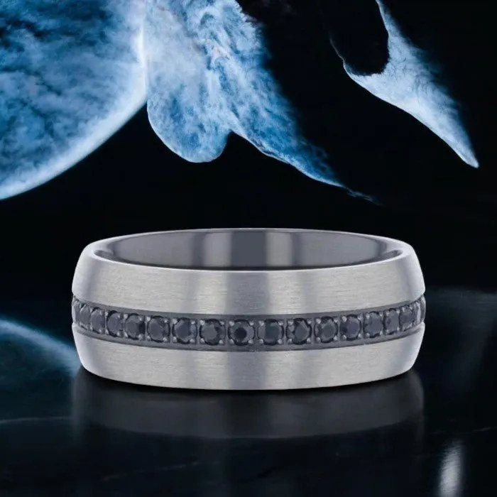 AVIATOR | Silver Titanium Ring, Black Sapphire Stones Inlay, Domed