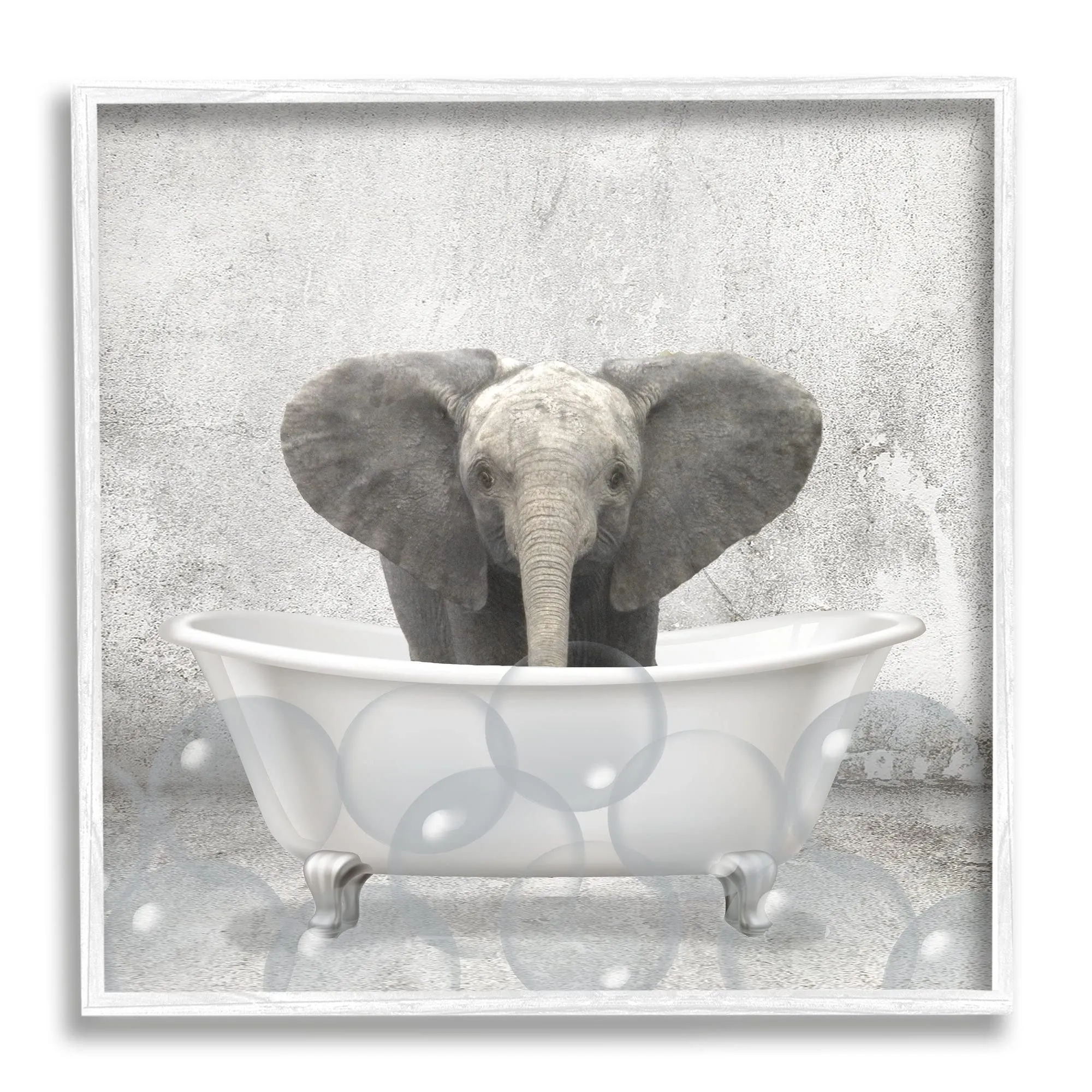 Baby Elephant Bath Time Cute Animal Design Framed Wall Art Modern