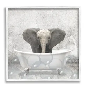 Baby Elephant Bath Time Cute Animal Design Framed Wall Art Modern