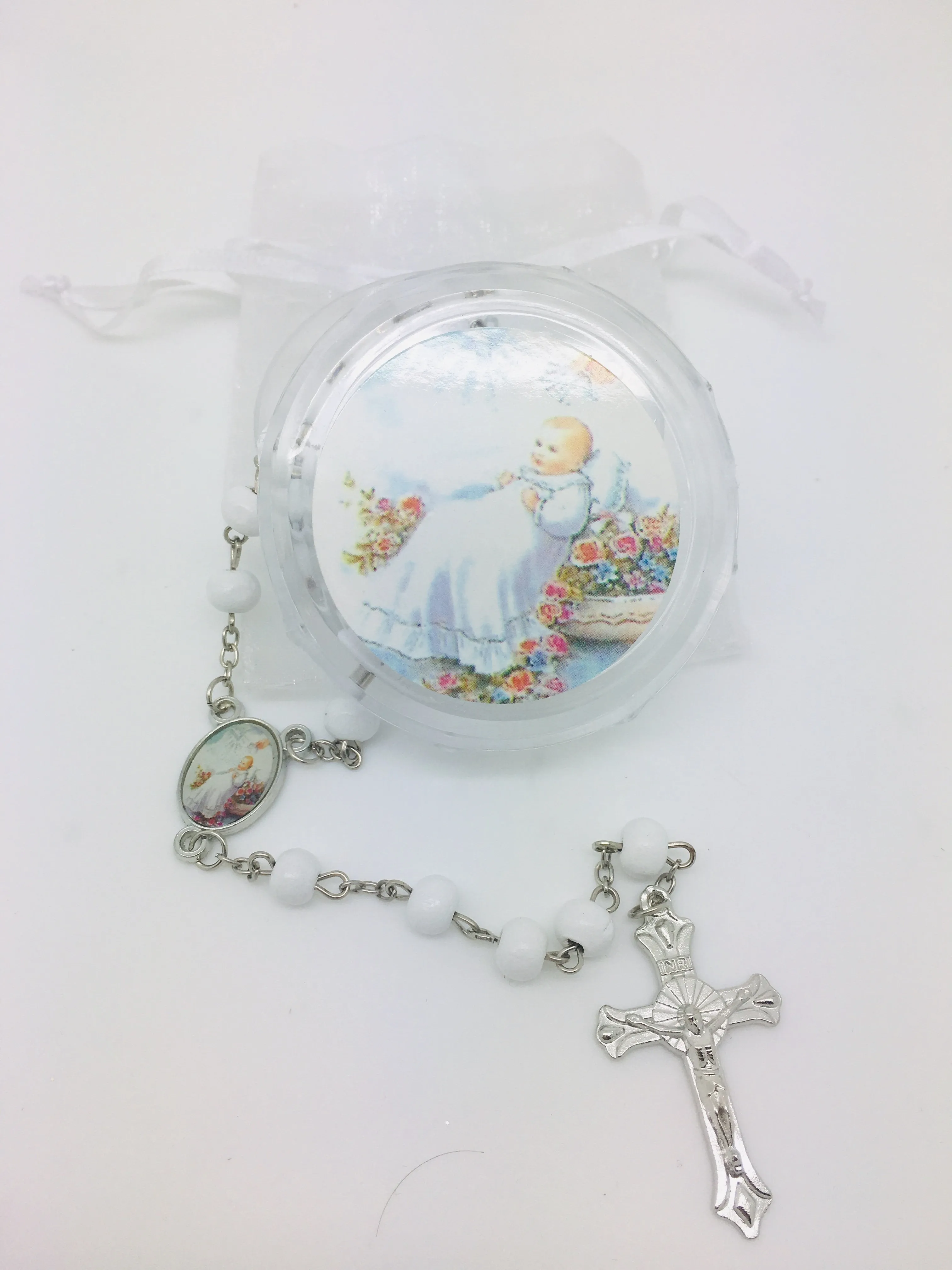Baptism Boy Wood Rosary w/ Matching Box & Organza Bag