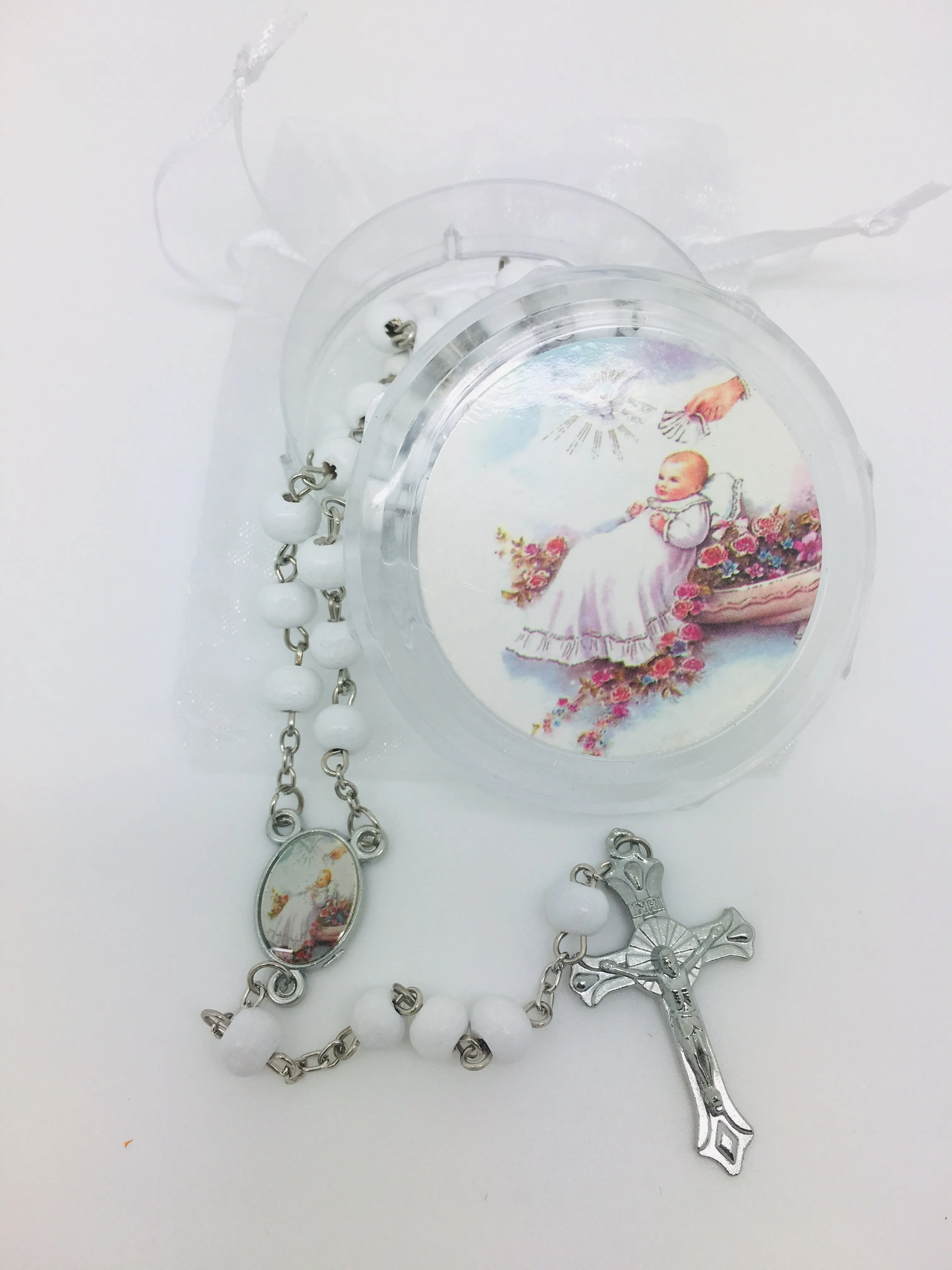 Baptism Girl Wood Rosary w/ Matching Box & Organza Bag
