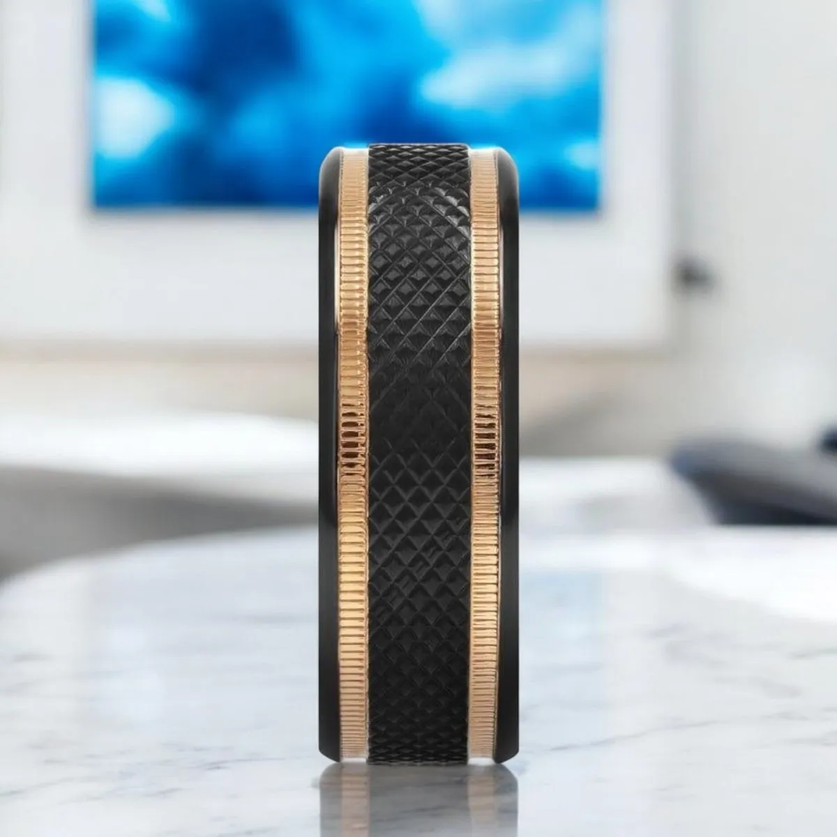 BAROQUE | Black Titanium Ring, Diamond Pattern & Two Gold Grooves