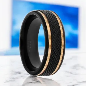 BAROQUE | Black Titanium Ring, Diamond Pattern & Two Gold Grooves